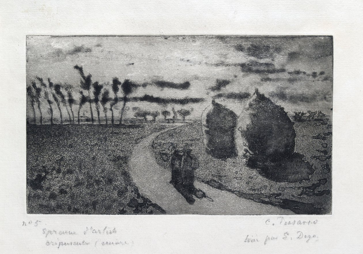 Zmierzch ze stogami siana, 1879 autorstwa Camille Pissarro