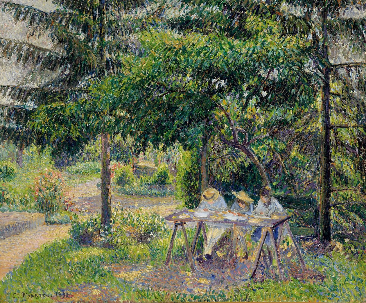 Dzieci przy stolikach w ogrodzie Eragny - Obraz Camille Pissaro (1830-1903), olej na płótnie (58x71 cm) autorstwa Camille Pissarro