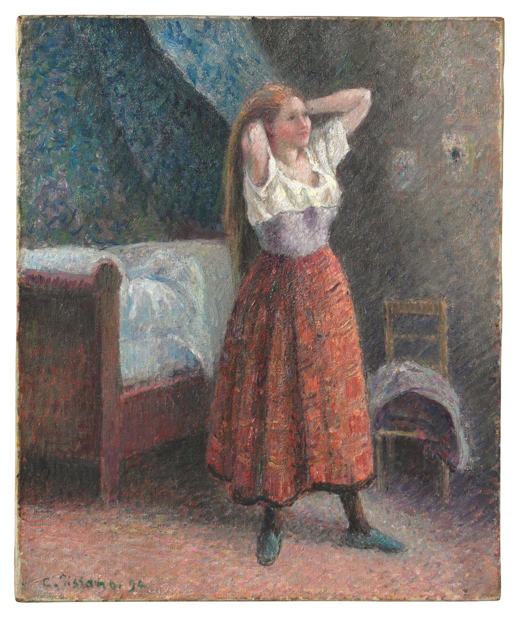 Kobieta układająca włosy autorstwa Camille Pissarro