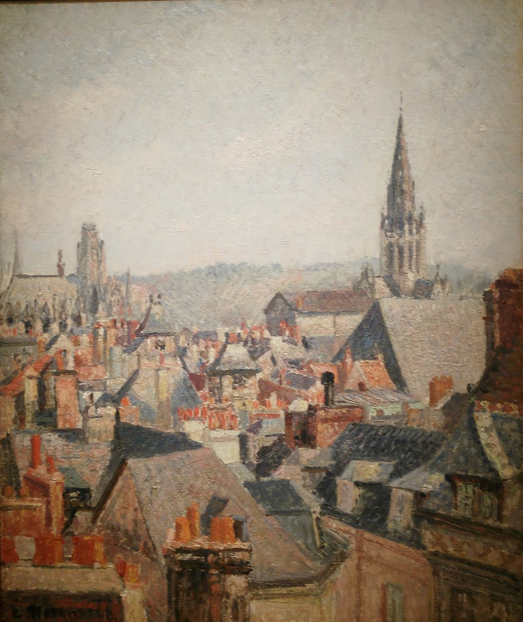 Francuski: Les toits du vieux Rouen, soleil
Niemiecki: Dachy starego miasta Rouen w słońcu autorstwa Camille Pissarro