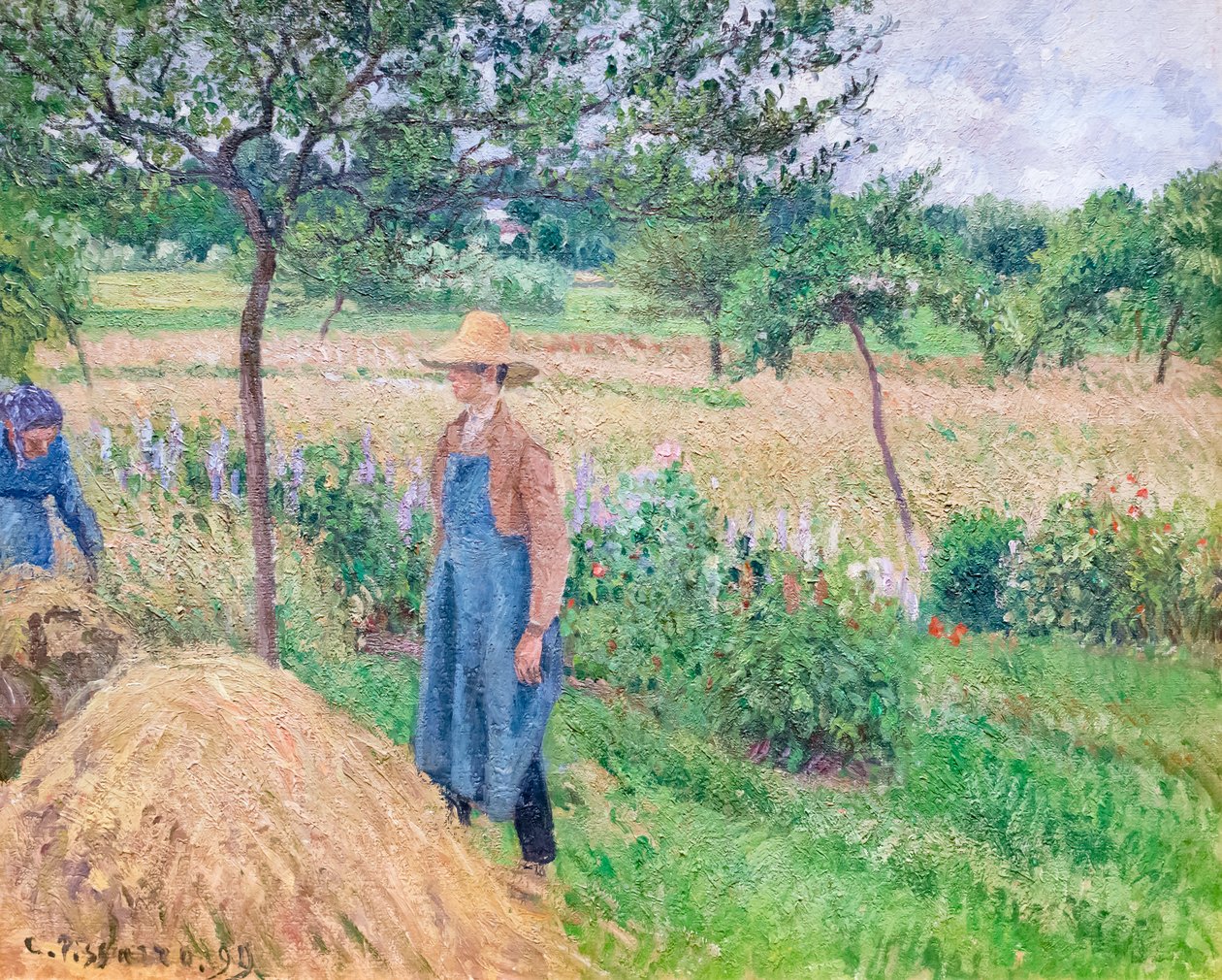 Ogrodnik stojący przy stogu siana, niebo zachmurzone, Eragny autorstwa Camille Pissarro