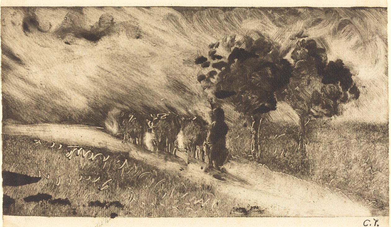 Wypasanie krów o zmierzchu autorstwa Camille Pissarro