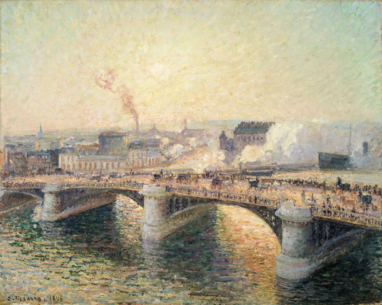 Le Pont Boieldieu, Rouen, Soleil Couchant [Pont Boieldieu o zachodzie słońca], 1896. autorstwa Camille Pissarro