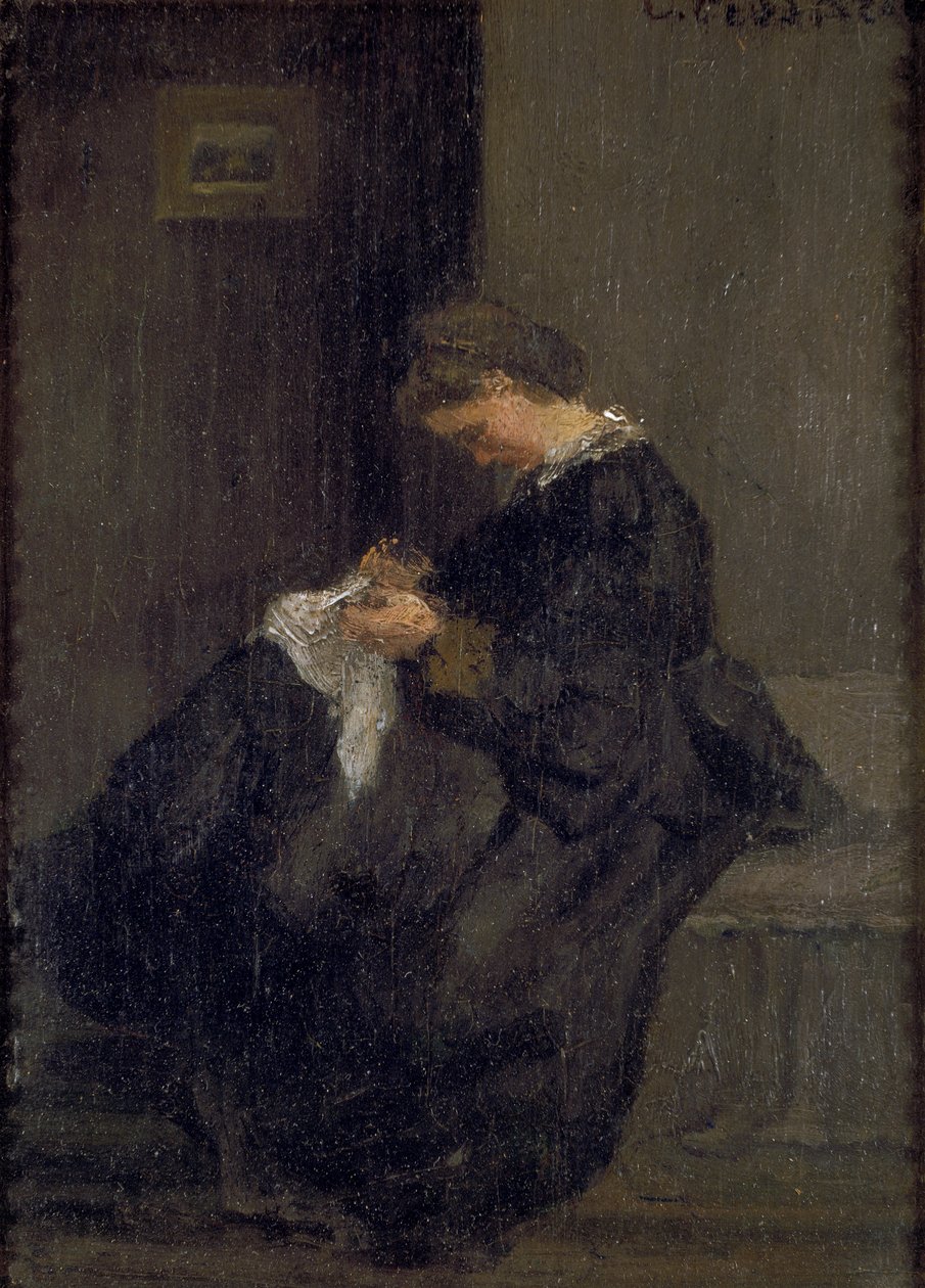 Pani Pissarro szyjąca, ok. 1860 r. autorstwa Camille Pissarro