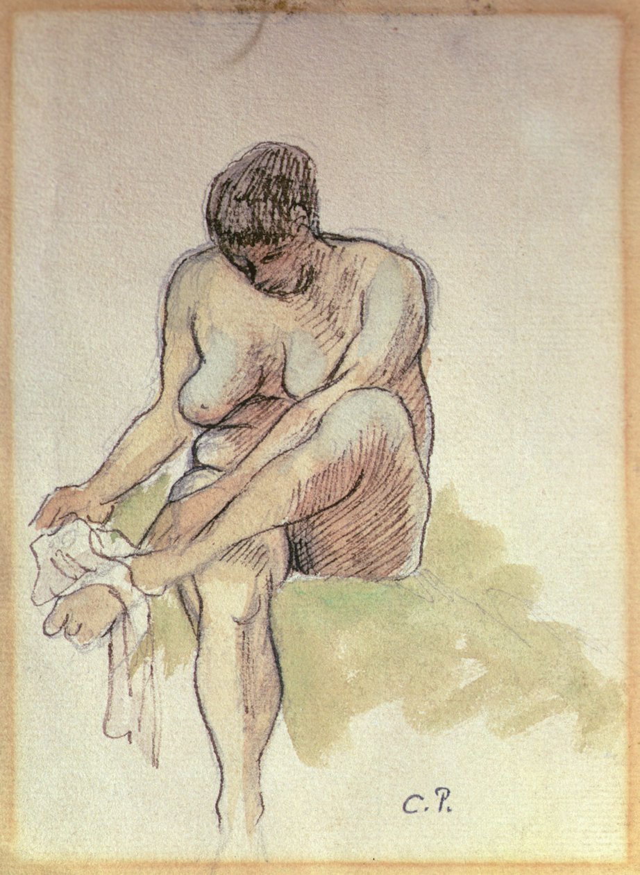 Naga kobieta wycierająca lewą stopę (ołówek, pranie, długopis i atrament sepii na papierze) autorstwa Camille Pissarro