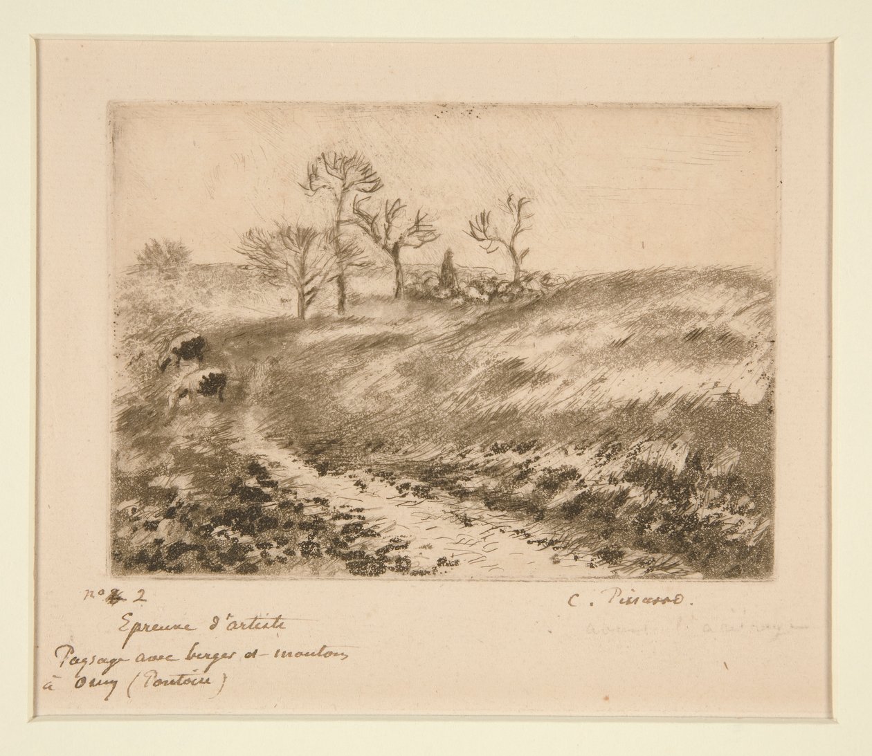 Krajobraz z Pasterzem i Owcami, Osny (Pejzaż z Pasterzem i Owcami w Osny) autorstwa Camille Pissarro