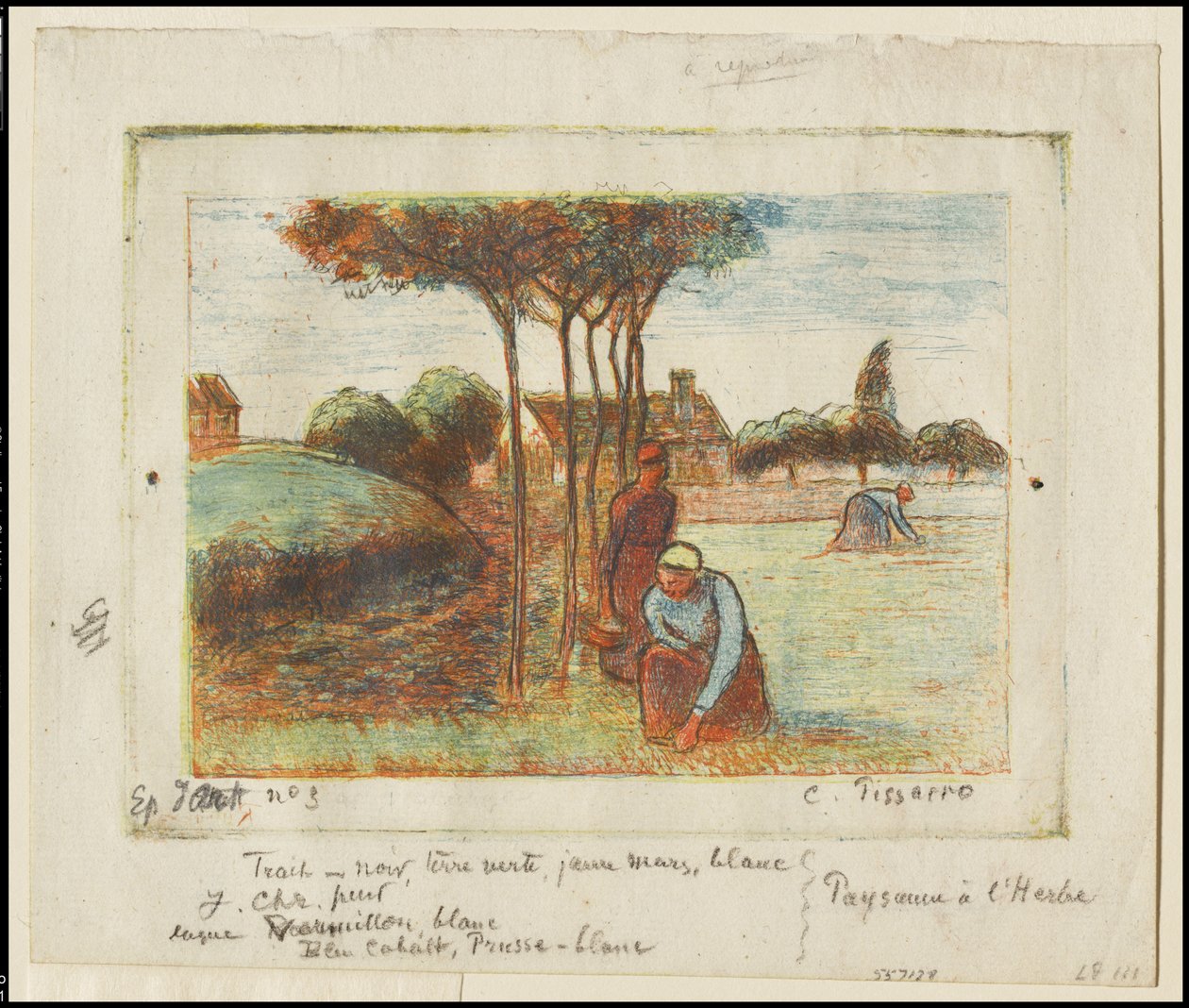 Wieśniczki pielące trawę, ok. 1894 (akwaforta wydrukowana w kolorze niebieskim, czerwonym, żółtym i czarnym na kremowym papierze) autorstwa Camille Jacob Pissarro