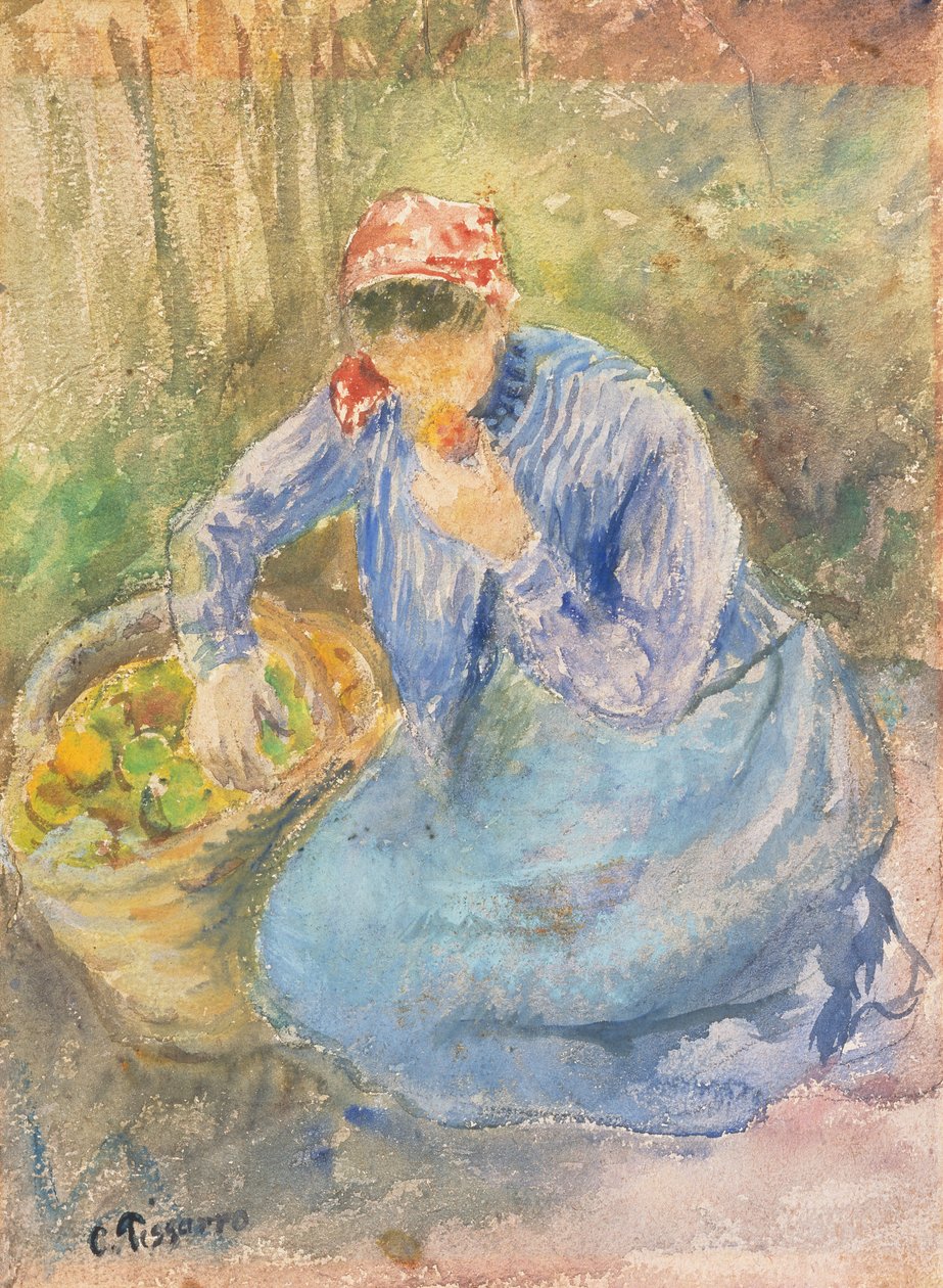 Siedząca wieśniaczka z koszem jabłek (akwarela) autorstwa Camille Pissarro