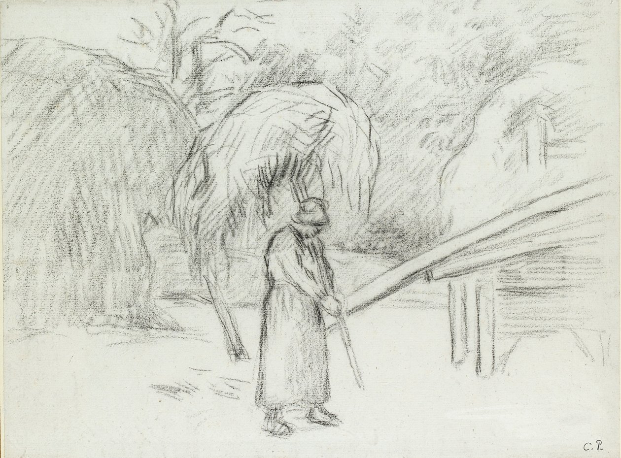 Studium chłopki niosącej ładunek siana w obejściu w Foucault, ok. 1875 r. autorstwa Camille Pissarro