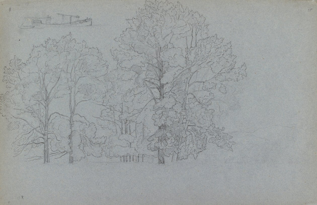 Studium drzew, z niewielkim studium barki, 1859 autorstwa Camille Pissarro