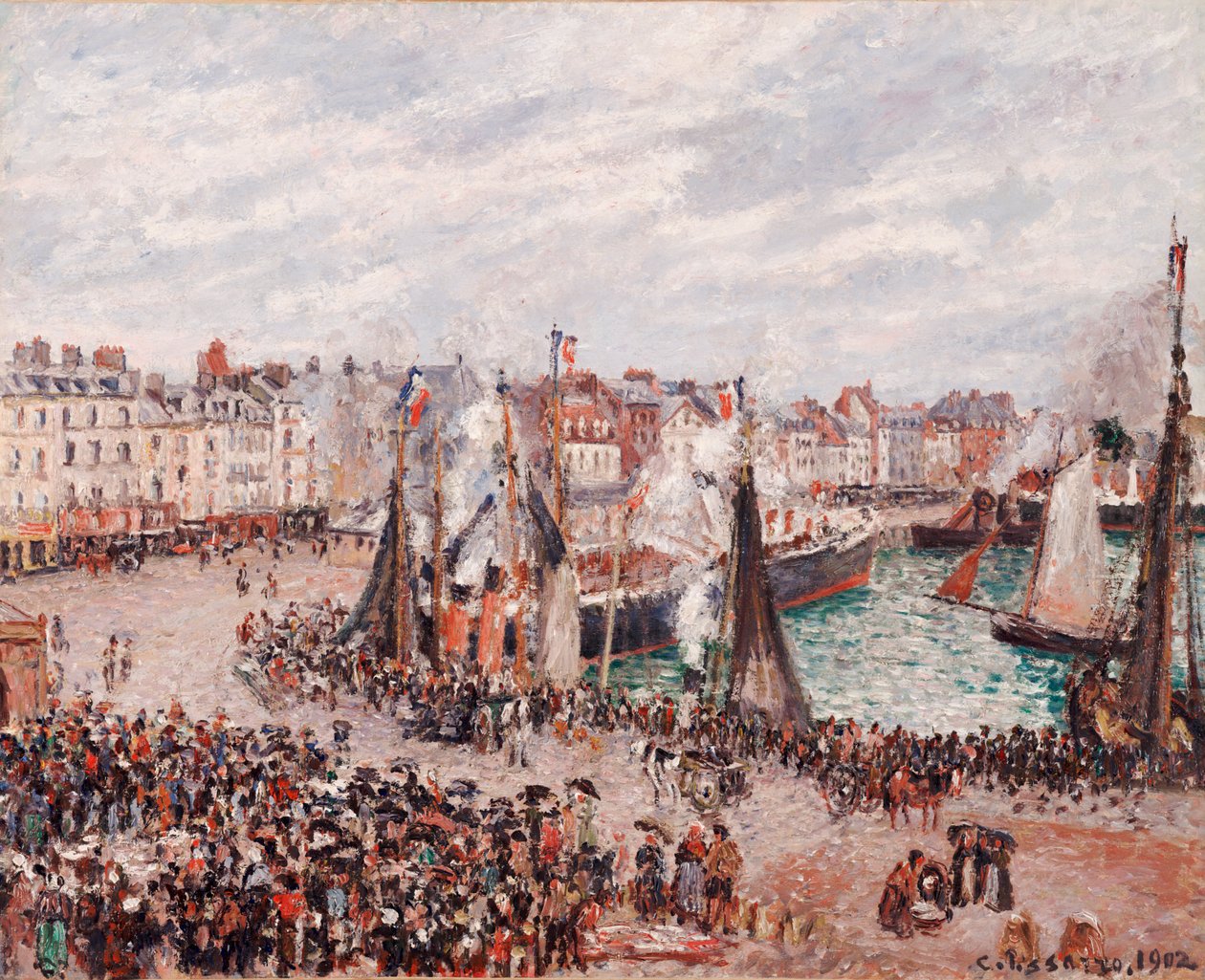 Targ rybny, Dieppe: Szara pogoda, rano autorstwa Camille Pissarro