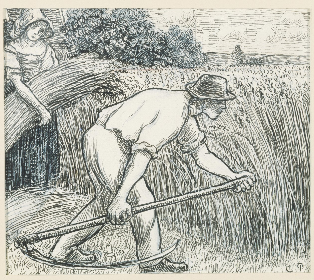 The Harvest, c.1895 (pióro i atrament z ołowianym białym gwaszem na papierze) autorstwa Camille Jacob Pissarro