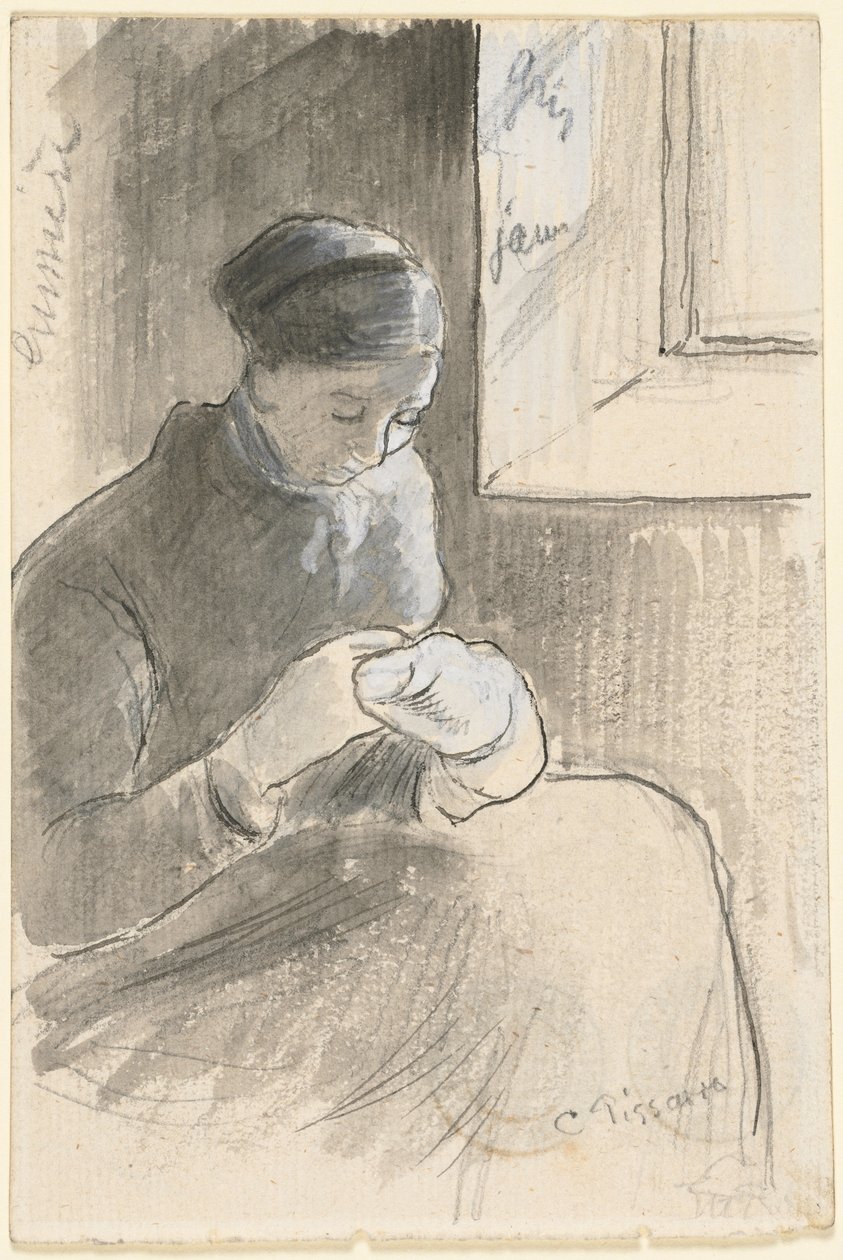 The Mender, ok. 1881 (pióro i czarny tusz, pędzel i szary pył na graficie wzmocniony białym gwaszem) autorstwa Camille Pissarro