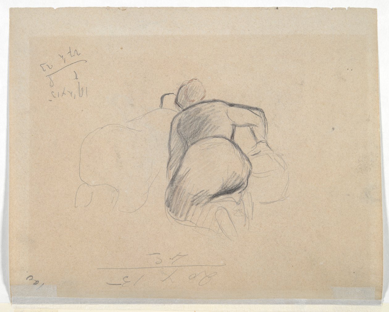 Kobieta klęcząca (rekto); Dwie klęczące kobiety z farmy (verso) autorstwa Camille Pissarro