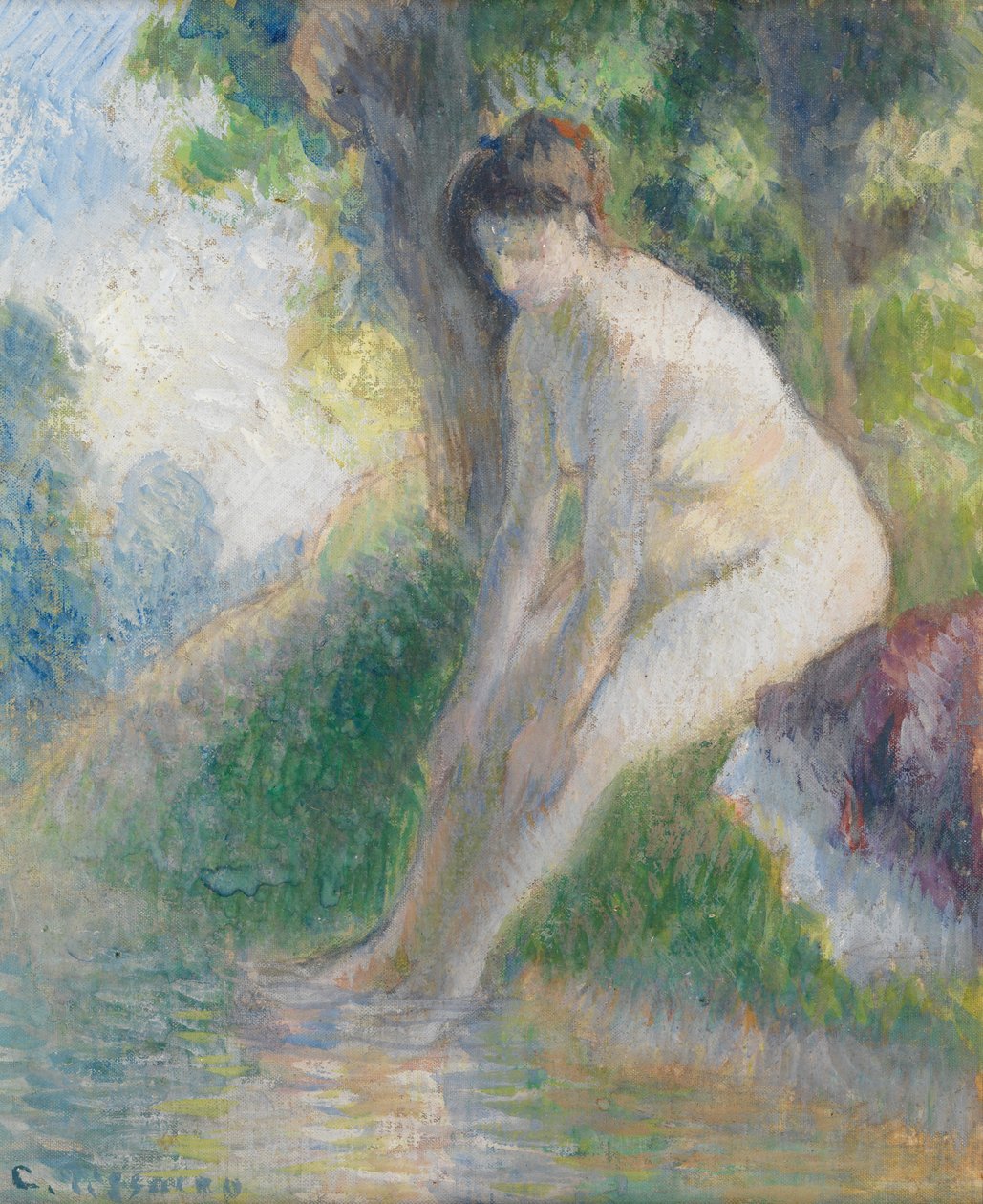Kobieta siedząca na brzegu strumienia, ok. 1895 (gwasz na pokładzie) autorstwa Camille Pissarro