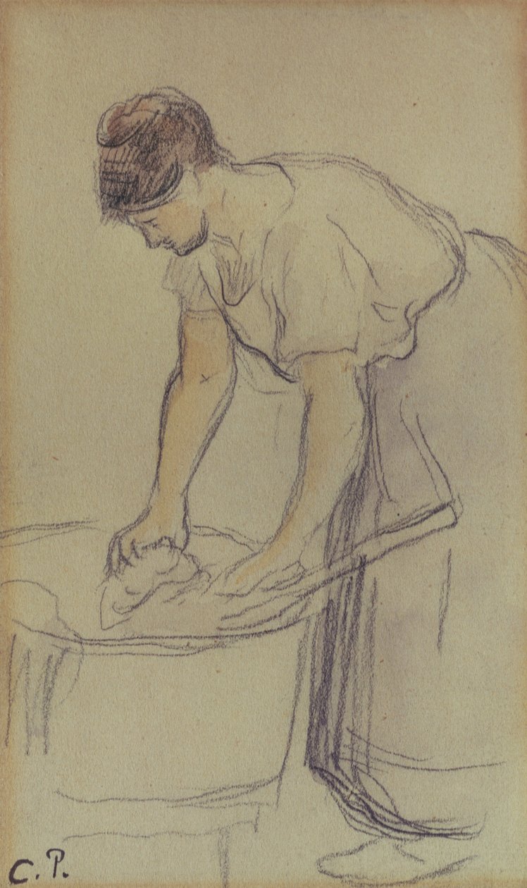 Kobieta piorąca pranie (akwarela i ołówek na papierze) autorstwa Camille Pissarro