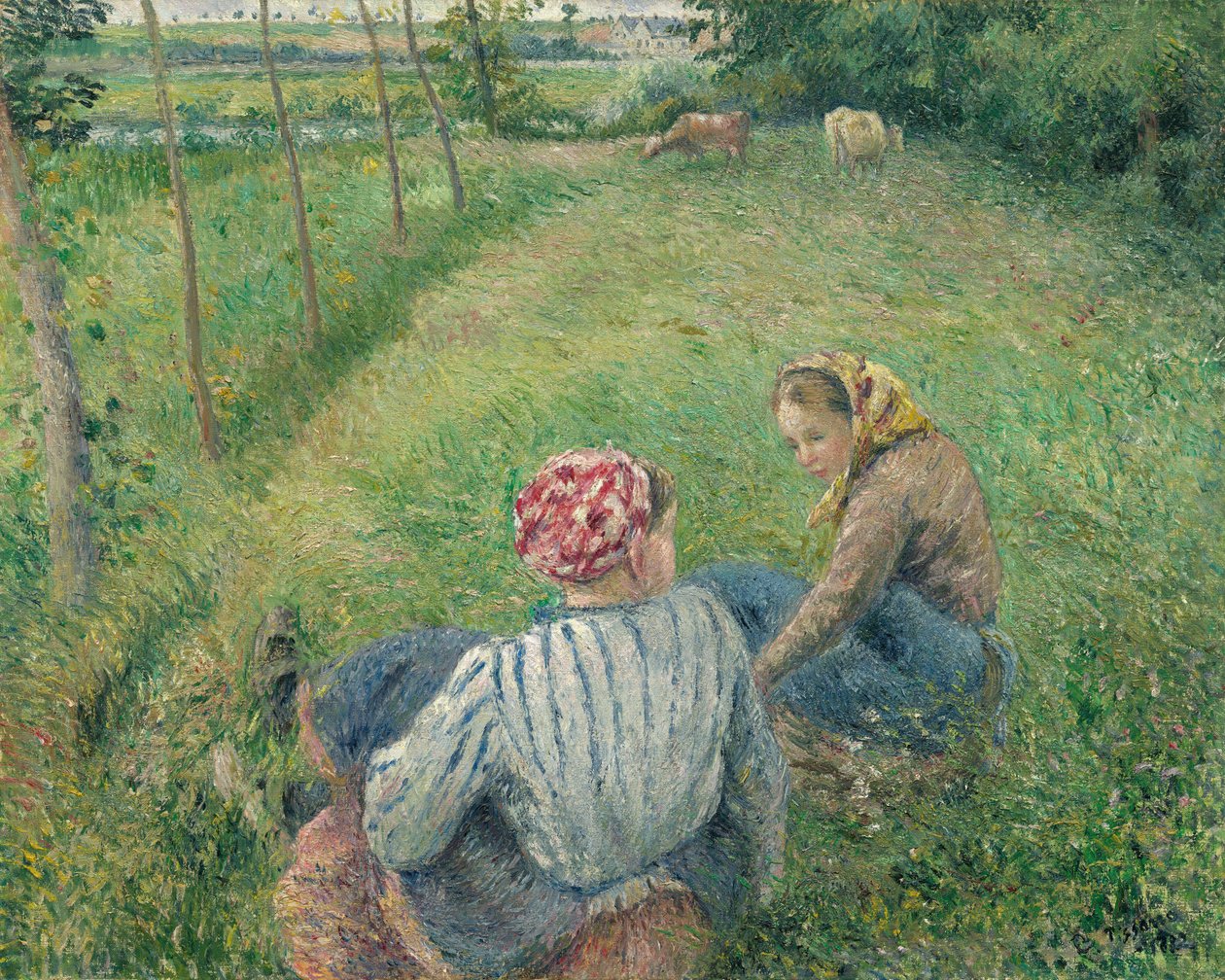 Młode chłopki odpoczywają na polach w pobliżu Pontoise autorstwa Camille Pissarro