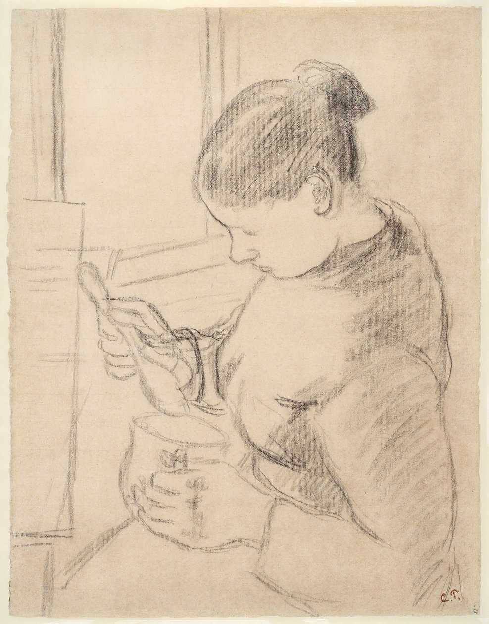 Młoda wieśniaczka pijąca kawę autorstwa Camille Pissarro