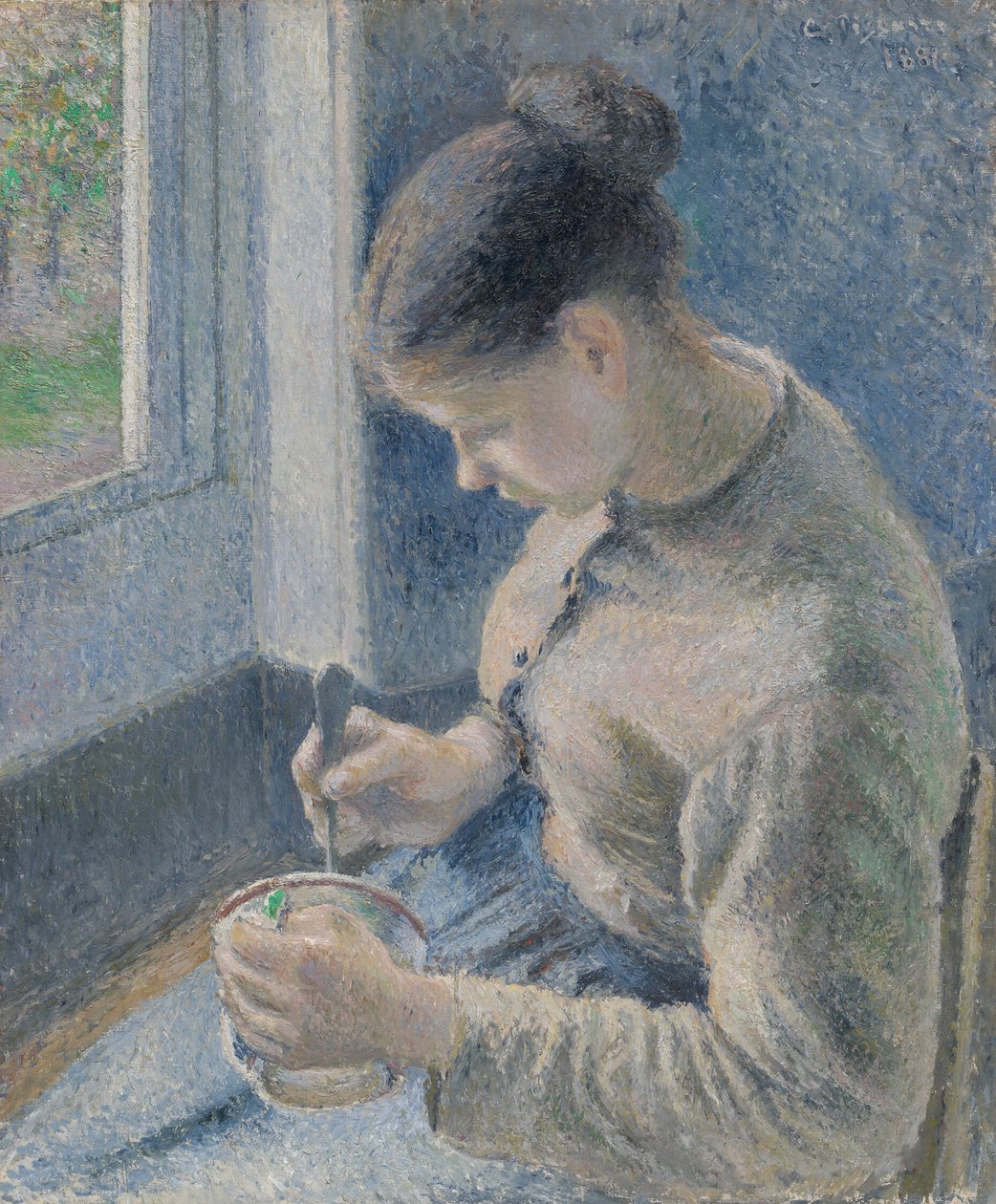 Młoda wieśniaczka pijąca kawę autorstwa Camille Pissarro