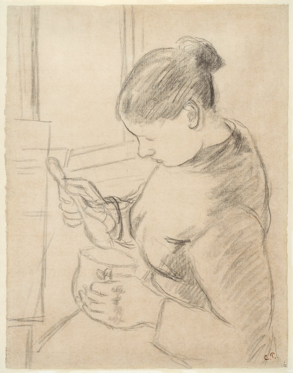 Młoda wieśniaczka pijąca kawę autorstwa Camille Pissarro