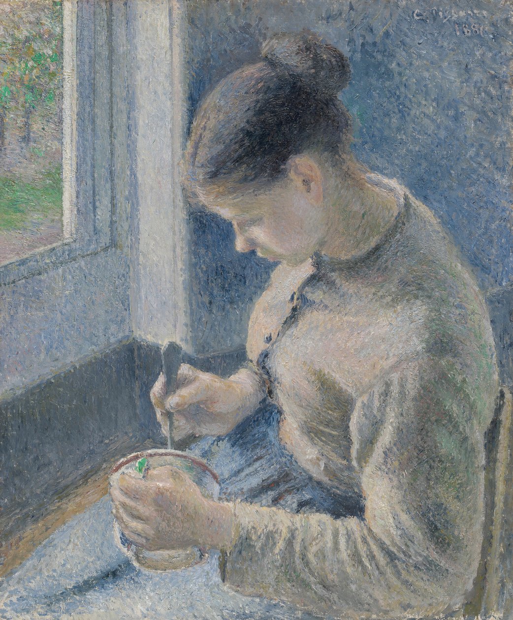 Młoda chłopka pijąca kawę, 1881. autorstwa Camille Pissarro