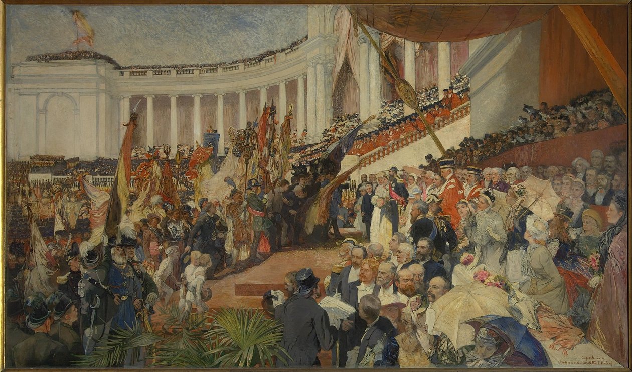 Patriotyczne obchody pięćdziesiątej rocznicy niepodległości Belgii autorstwa Camille Van Camp