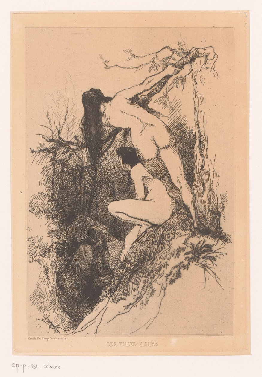 Dwie nagie kobiety szpiegują całującą się parę Les filles-fleurs (tytuł na obiekcie) autorstwa Camille Van Camp