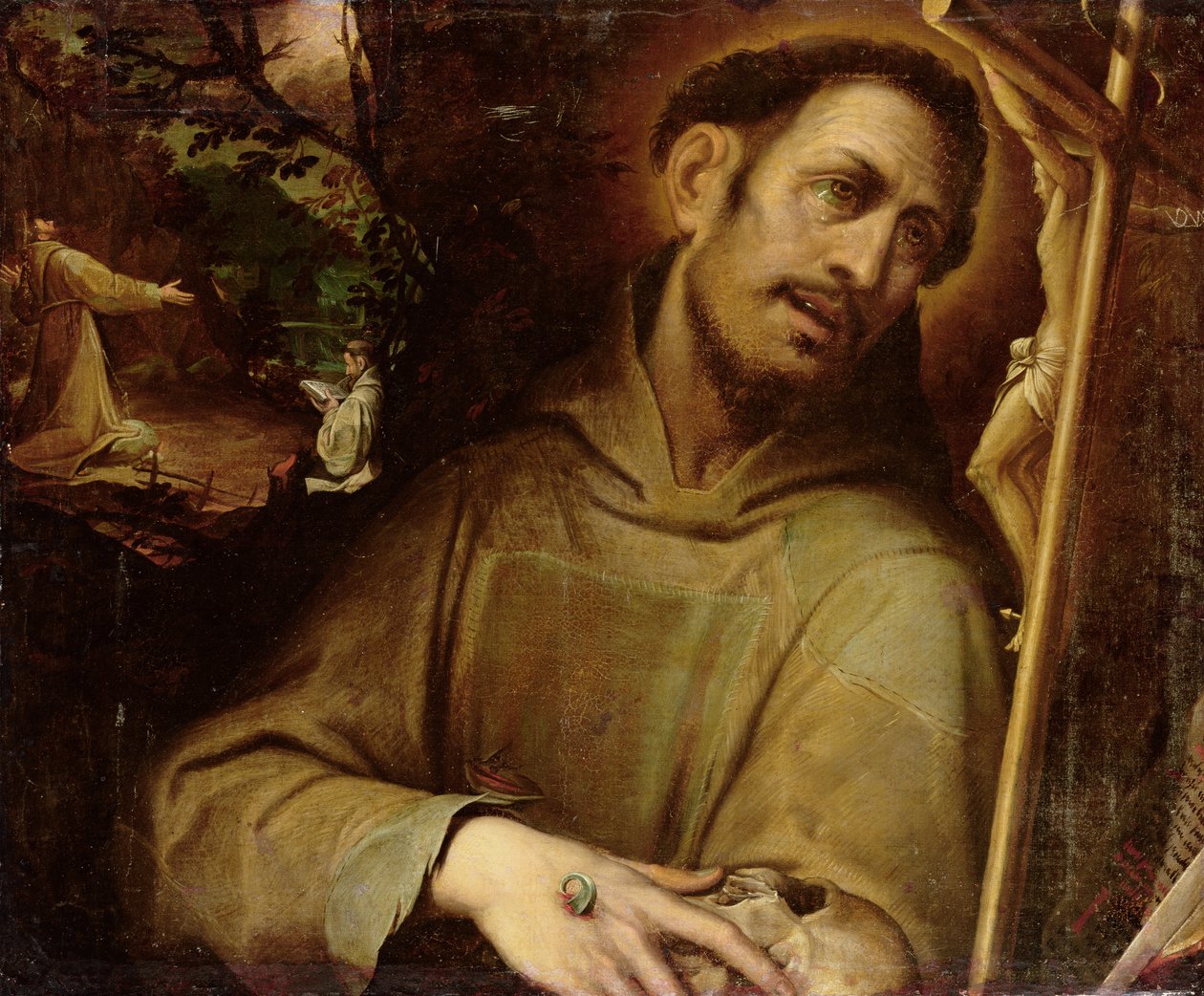 Święty Franciszek Adorujący Krzyż ze stygmatyzacją Świętego Franciszka Beyond (olej na płótnie) autorstwa Camillo (after) Procaccini