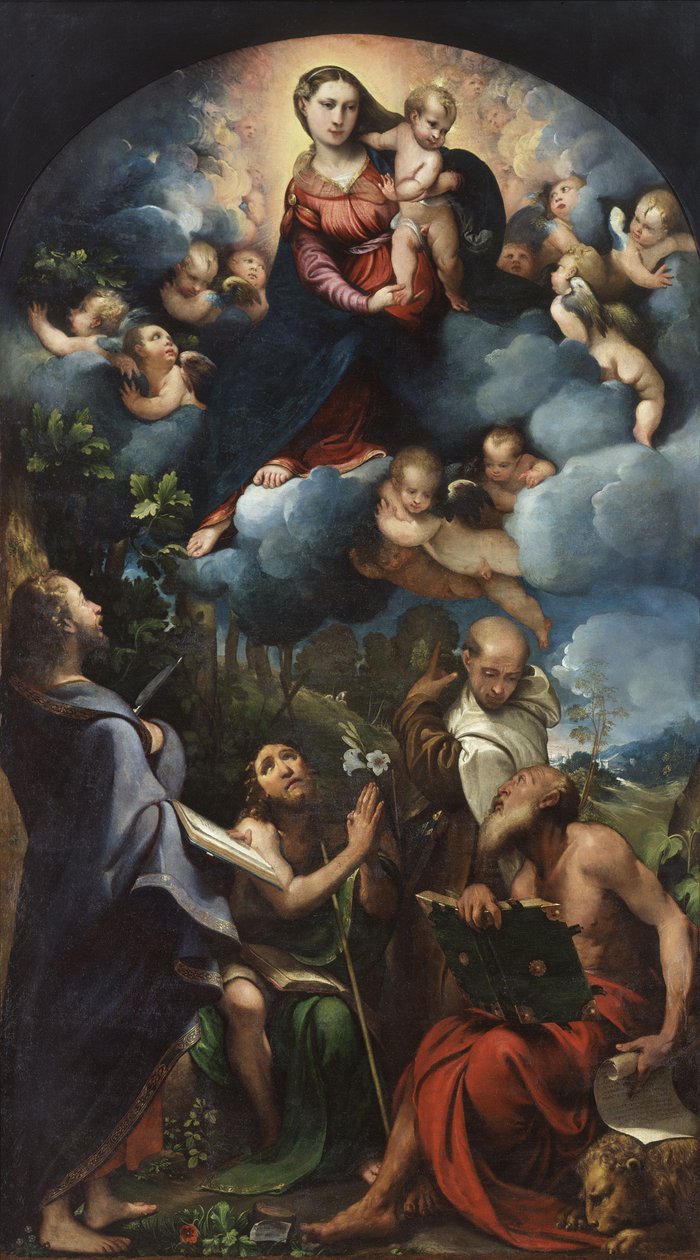Madonna z Dzieciątkiem w chwale ze św. Bartłomiejem, św. Janem Chrzcicielem, św. Albertem i św. Hieronima autorstwa Camillo Boccaccino