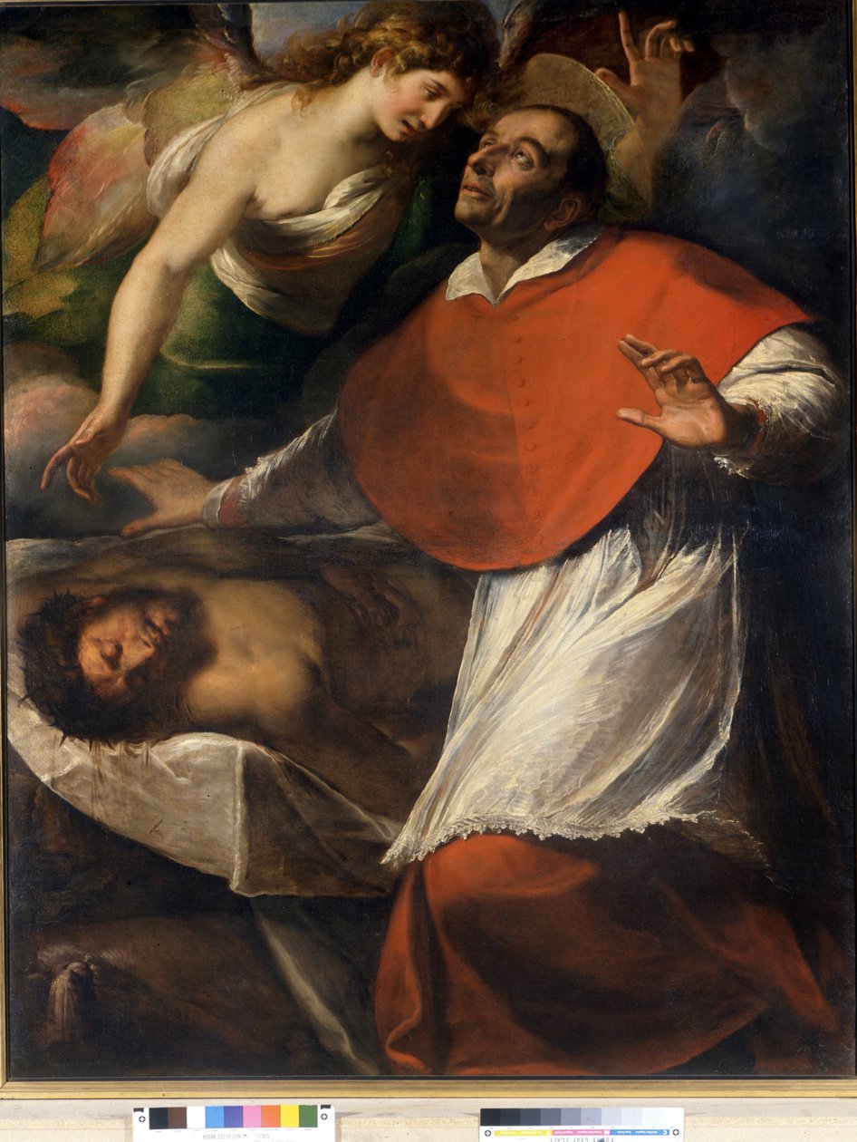 Święty Karol Boromeusz San Carlo Borromeo obserwuje zmarłego Chrystusa. Obraz C. Procaccini. Galeria zdjęć Brery. Mediolan autorstwa Camillo Procaccini