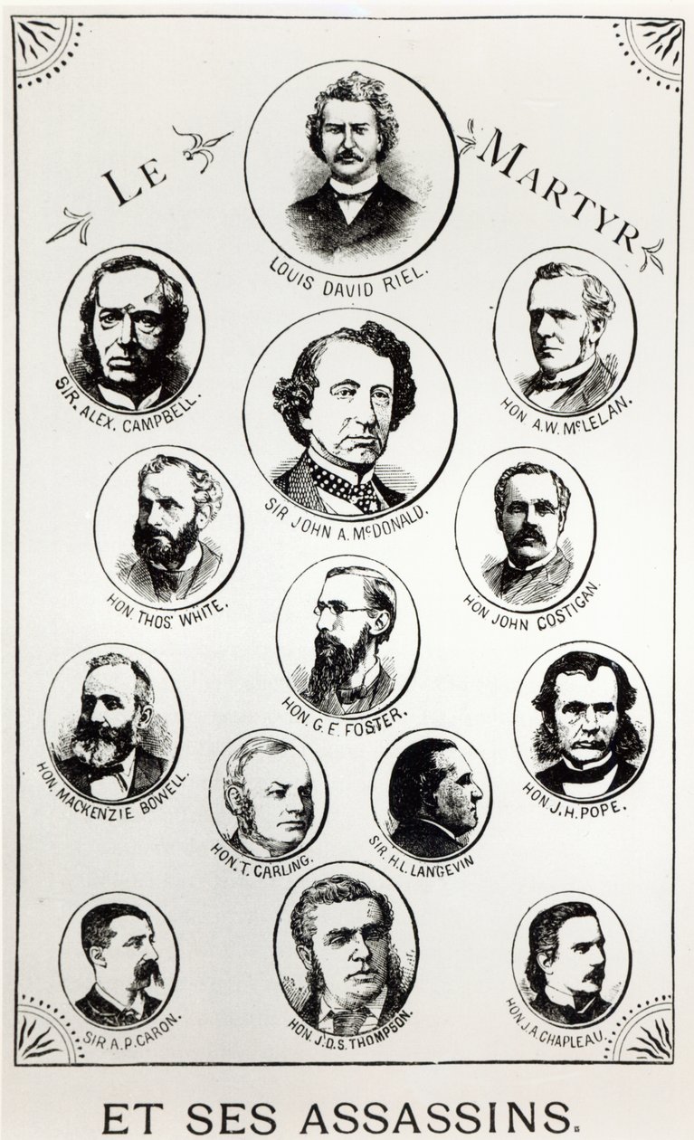 Louis Riel (1844-1885) i jego zabójcy, ilustracja z Le Gibet de Regina, opublikowana w 1886 r. autorstwa Canadian School
