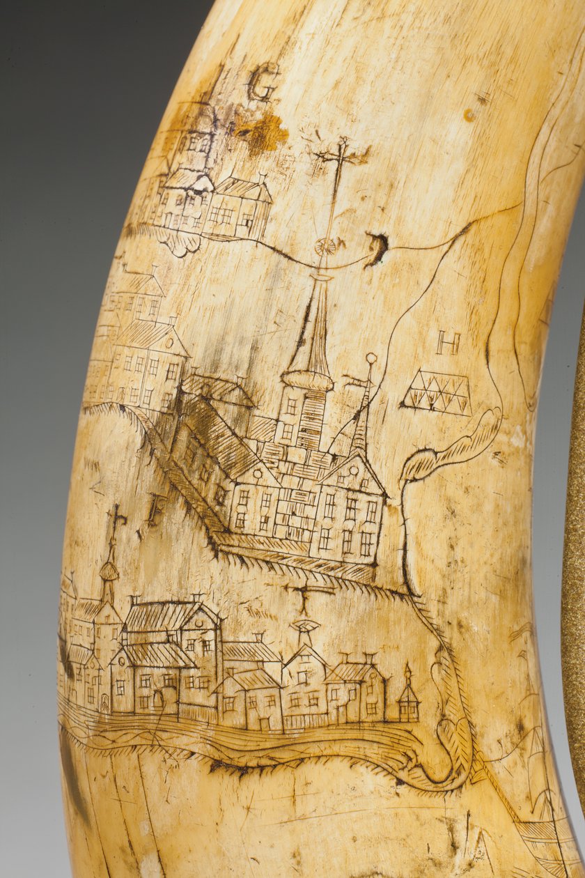 Róg prochowy, wyryty z mapą rzeki św. Wawrzyńca na terenie Quebecu, ok. 1759 r. autorstwa Canadian School