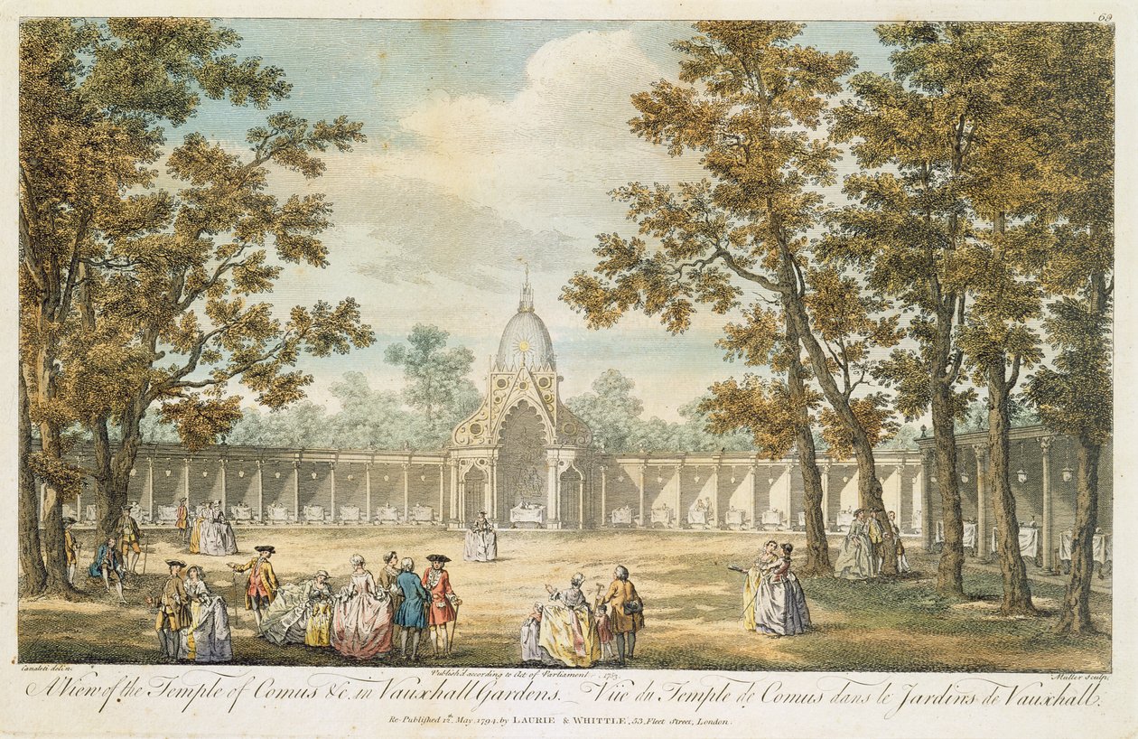 Widok świątyni Comusa w Vauxhall Gardens, rytowany przez Mullera, ponownie opublikowany 1794 autorstwa Canaleti