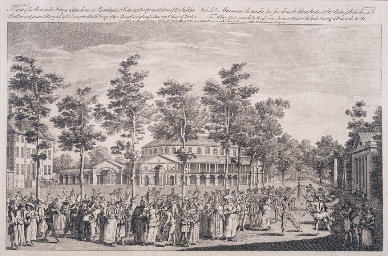 Widok rotundy, Ranelagh House, na balu z okazji urodzin JKW Księcia Walii, 24 maja 1751, grawerowane przez Parra autorstwa Canaleti