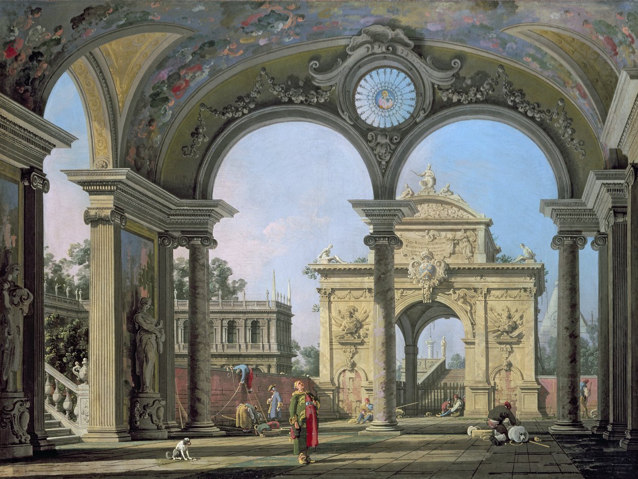 Capriccio łuku triumfalnego widzianego przez ozdobne przejście, ok. 1750 autorstwa Giovanni Antonio Canal