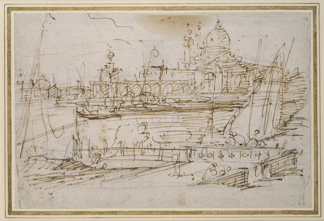 Wenecja: Dogana i S. Maria della Salute z Molo di Terranova (pióro i brązowy atrament na czarnej kredzie) autorstwa Giovanni Antonio Canal