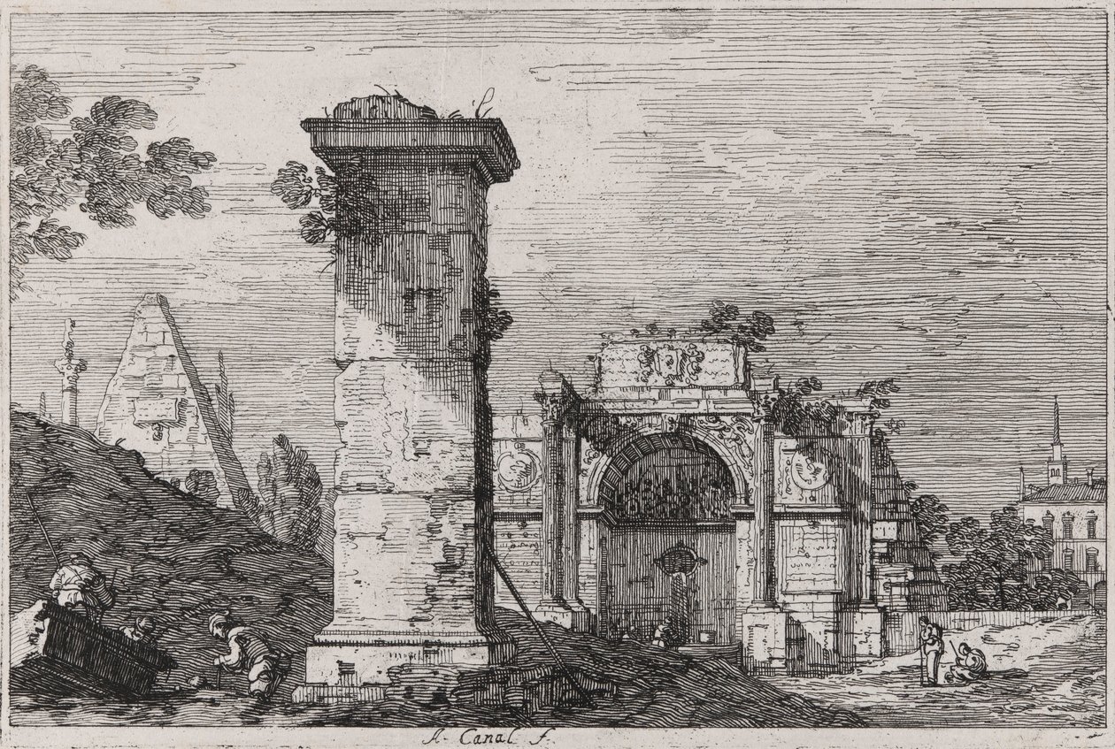 Pejzaż ze zrujnowanymi zabytkami z cyklu Weduta (Widoki) autorstwa Canaletto (Giovanni Antonio Canal)