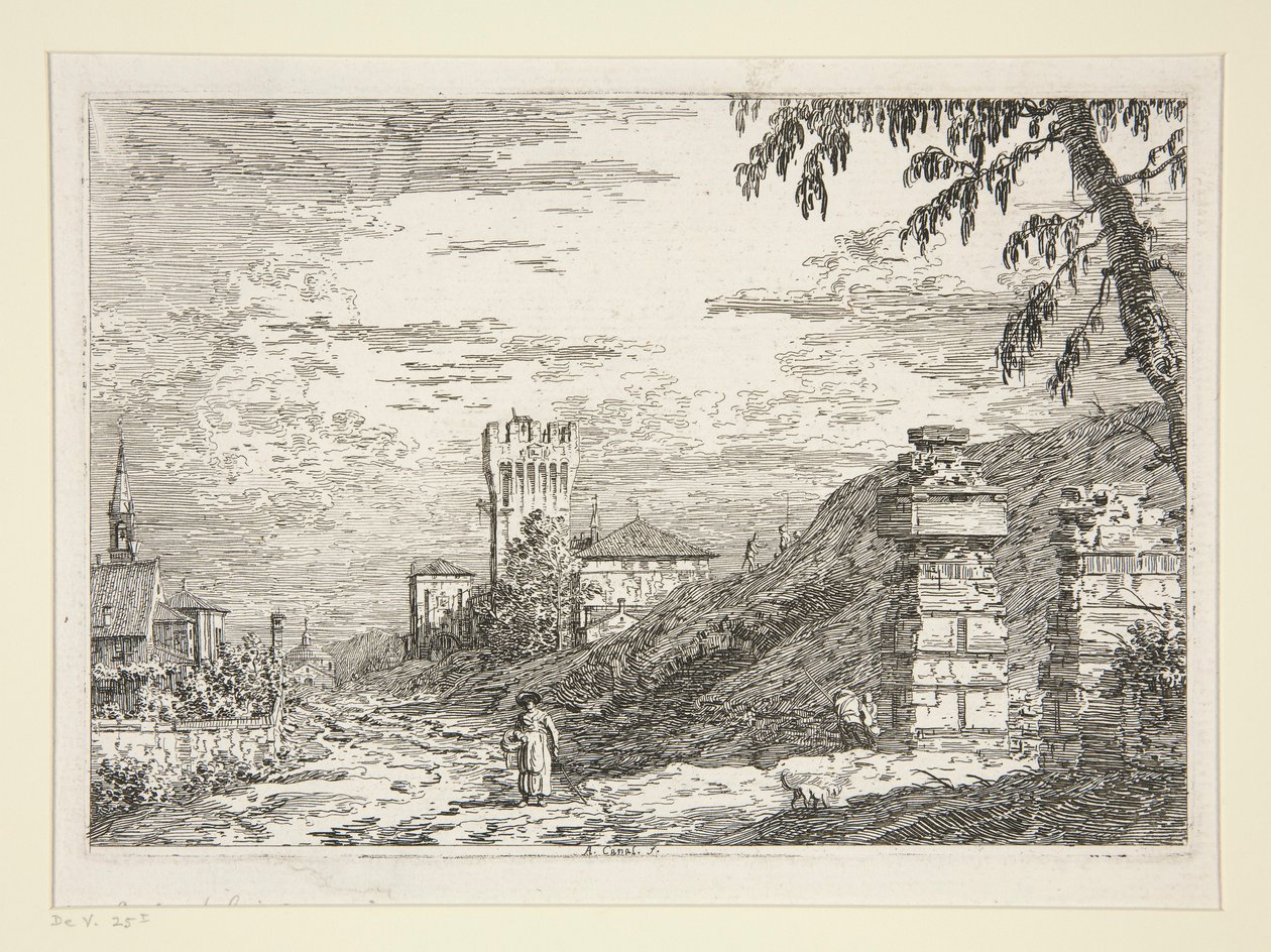 Pejzaż z wieżą i dwoma zrujnowanymi filarami z cyklu Weduta (Widoki) autorstwa Canaletto (Giovanni Antonio Canal)