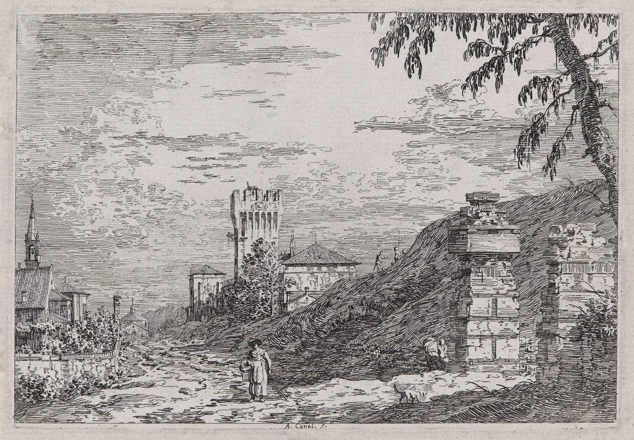 Pejzaż z wieżą i dwoma zrujnowanymi filarami z cyklu Weduta (Widoki) autorstwa Canaletto (Giovanni Antonio Canal)