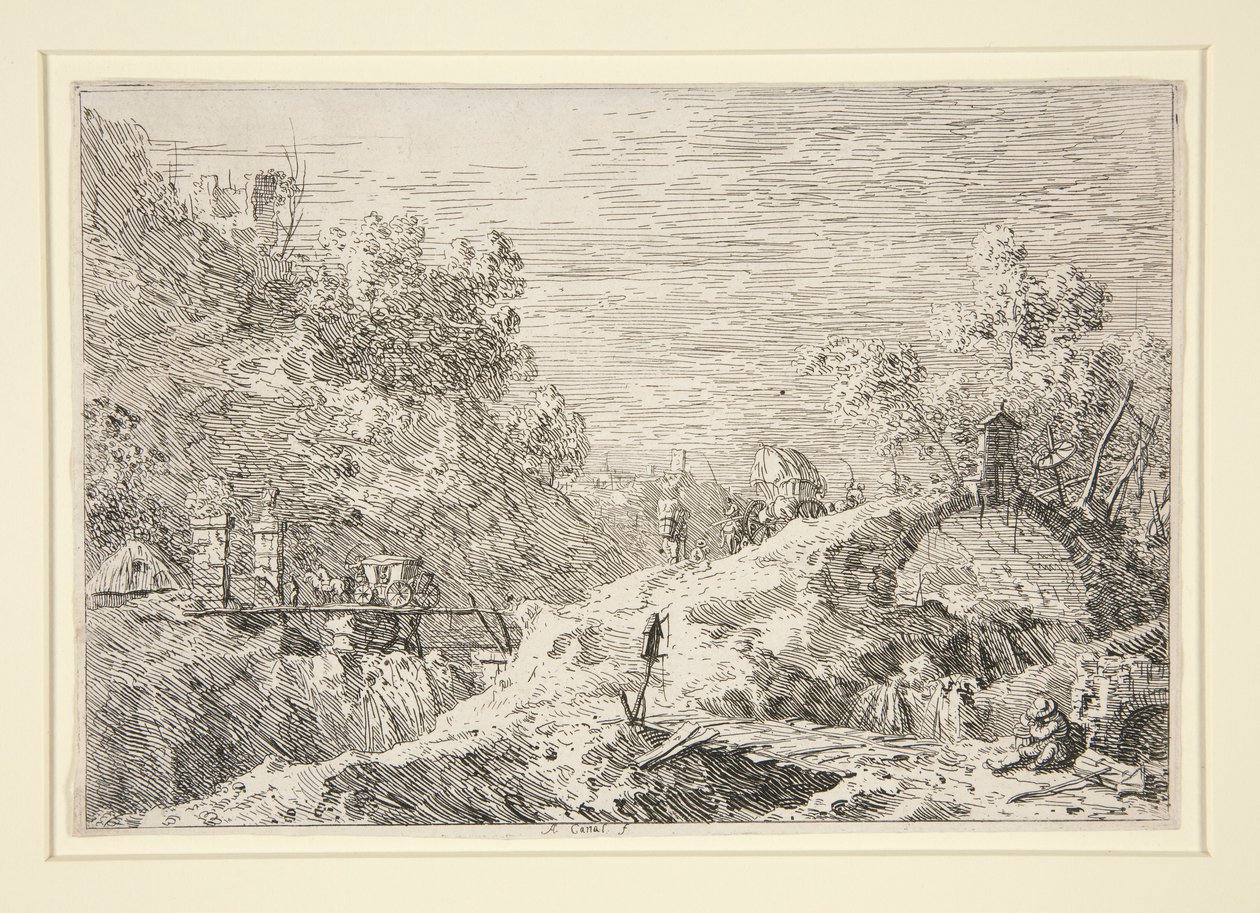 Krajobraz górski z pięcioma mostami, z wedut (widoki) autorstwa Canaletto (Giovanni Antonio Canal)