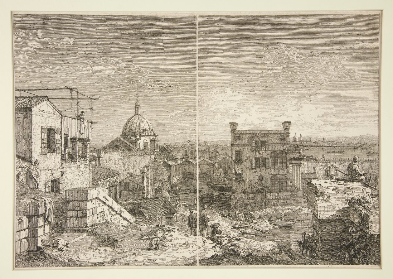Dom z Inskrypcją [i] Dom z Perstylem z serii Weduta (Widoki) autorstwa Canaletto (Giovanni Antonio Canal)
