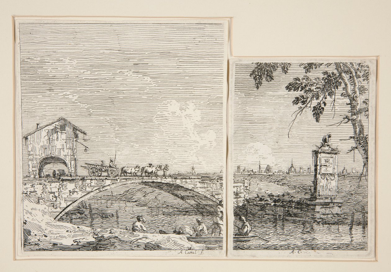 Wagon przejeżdżający przez most [i] Mały pomnik (pod drzewem), z cyklu Weduta (Widoki) autorstwa Canaletto (Giovanni Antonio Canal)