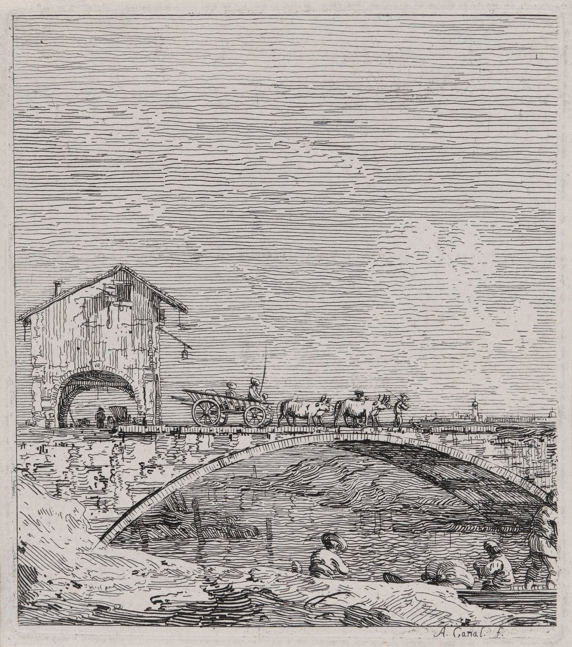 Wagon przejeżdżający przez most z cyklu Weduta (Widoki) autorstwa Canaletto (Giovanni Antonio Canal)