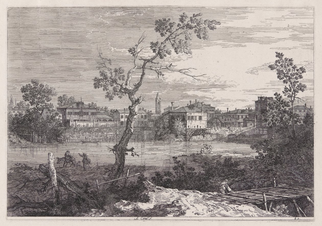 Widok miasta nad brzegiem rzeki z cyklu Weduta (Widoki) autorstwa Canaletto (Giovanni Antonio Canal)