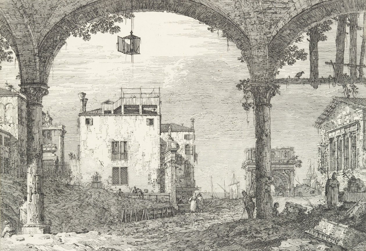 Trzyłukowy portyk z otwartą latarnią wiszącą pośrodku, łuk triumfalny i ru..., 1735-46. autorstwa Canaletto