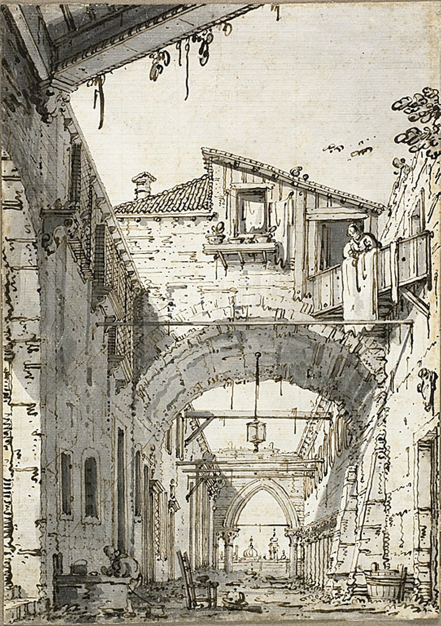 Capriccio: Ulica przecinana łukami (recto) Szkice drzwi, schodów i drugiego piętra budynku (verso) autorstwa Canaletto