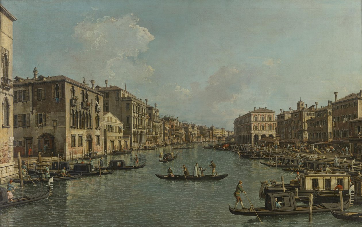 Der Canal Grande mit Blick in südöstlicher Richtung auf die Rialtobrücke Kanał Grande z widokiem na południowy wschód w kierunku mostu Rialto autorstwa Canaletto