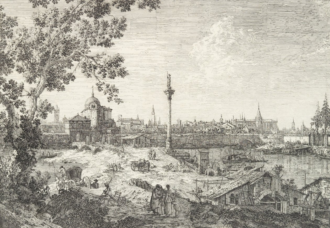 Wyimaginowany widok Padwy, z dzwonnicą i kopułą po lewej stronie, zwieńczona kolumną..., 1735-46. autorstwa Canaletto