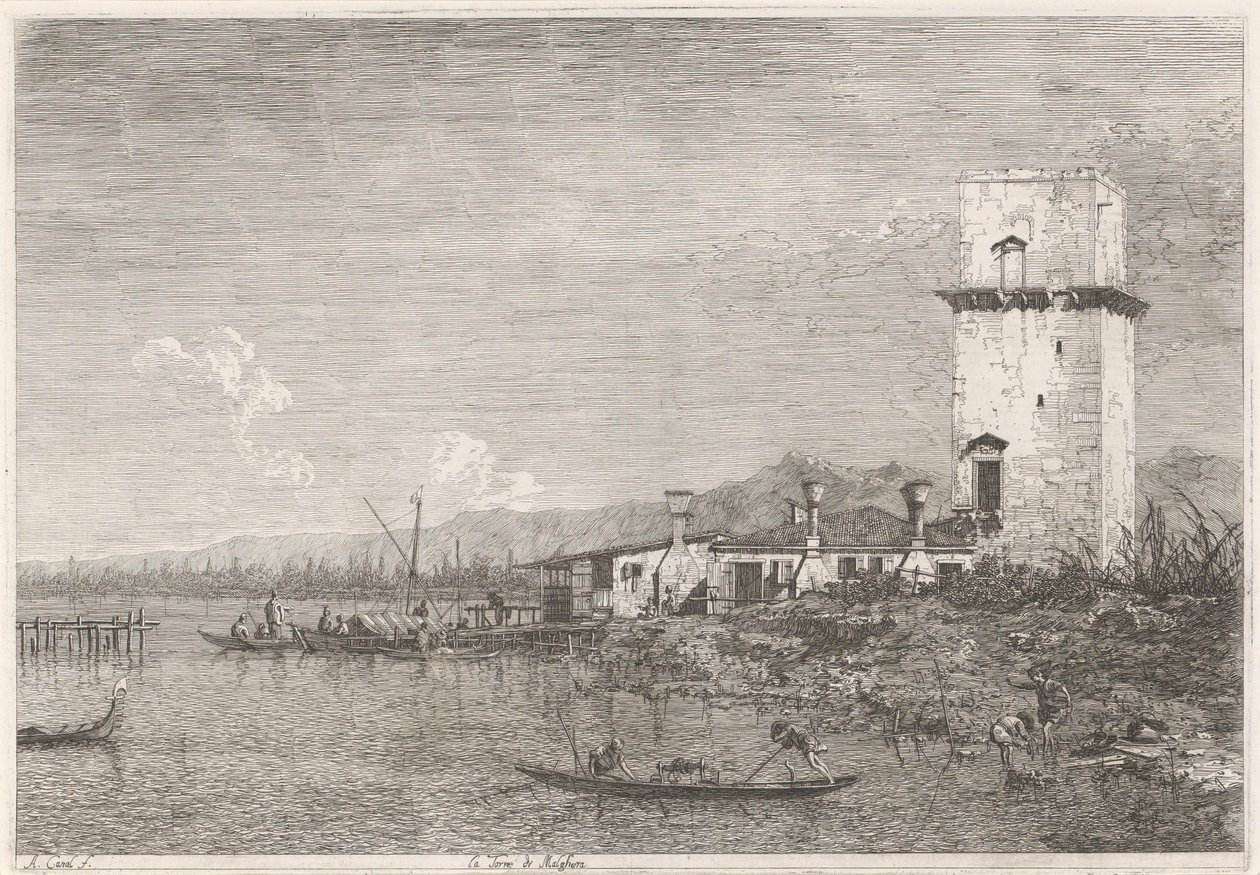 La Torre di Malghera Twarze na istniejących i wymyślonych miejscach (tytuł serii) Vedute altre prese da i Luoghi altre ideate da Antonio Canal (tytuł serii) autorstwa Canaletto