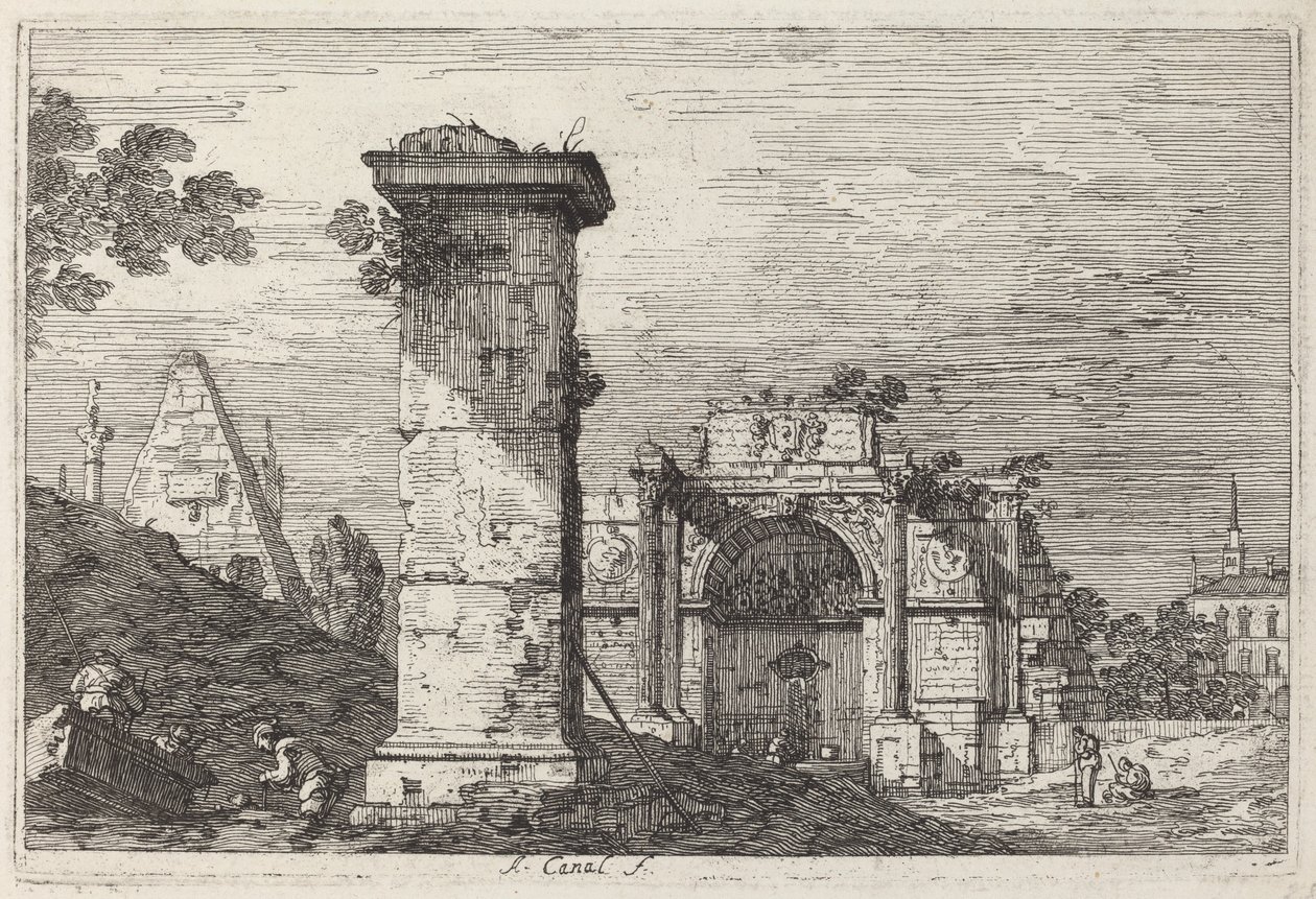 Krajobraz ze zrujnowanymi zabytkami autorstwa Canaletto